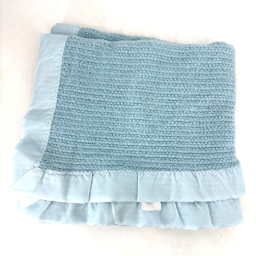 Vtg‎ Chatham Waffle Weave Satin Trim Baby Blanket Lovey Security Blue Thermal
